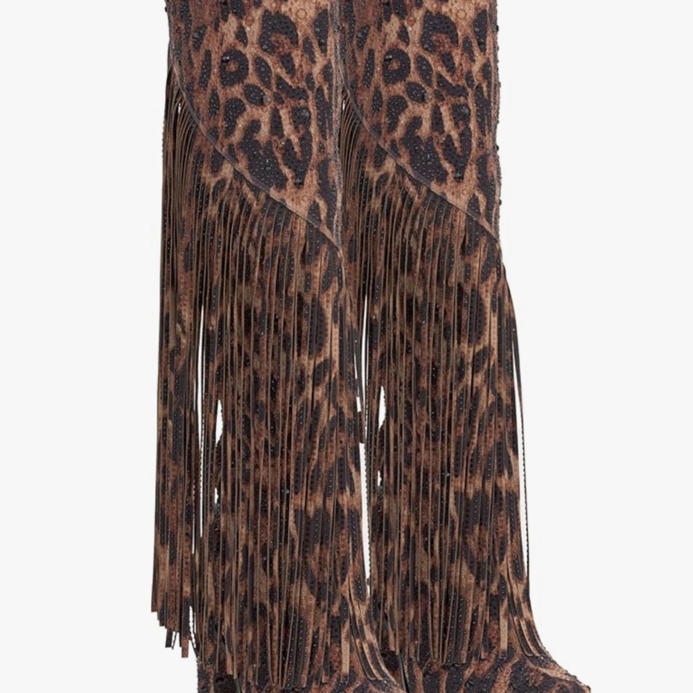 Brown Leopard Print Boot Cut  size y Pants with Fringe
